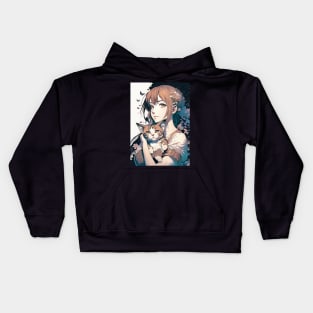 Cute Anime Girl With A Chubby Cat Kids Hoodie